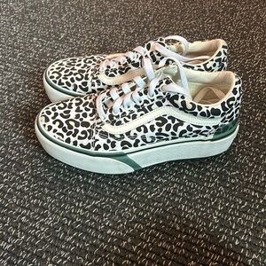 vans, cheetah print, color changing in light, white laces, blue chunky soles